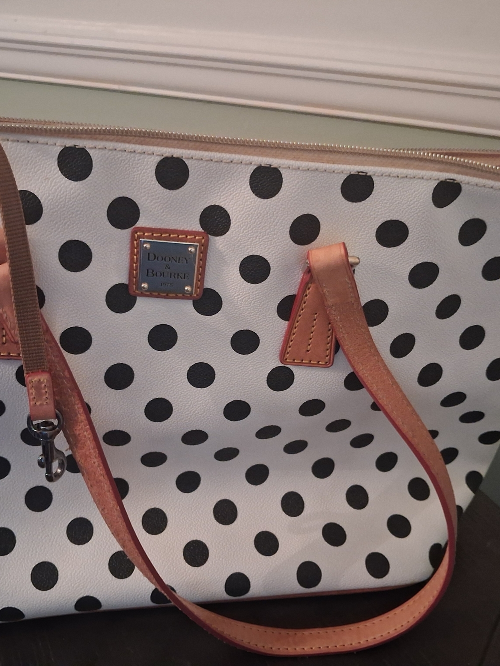 Dooney & Bourke Cream Tote with Black Polka Dots and Tan Leather Trim - Picture 10 of 12